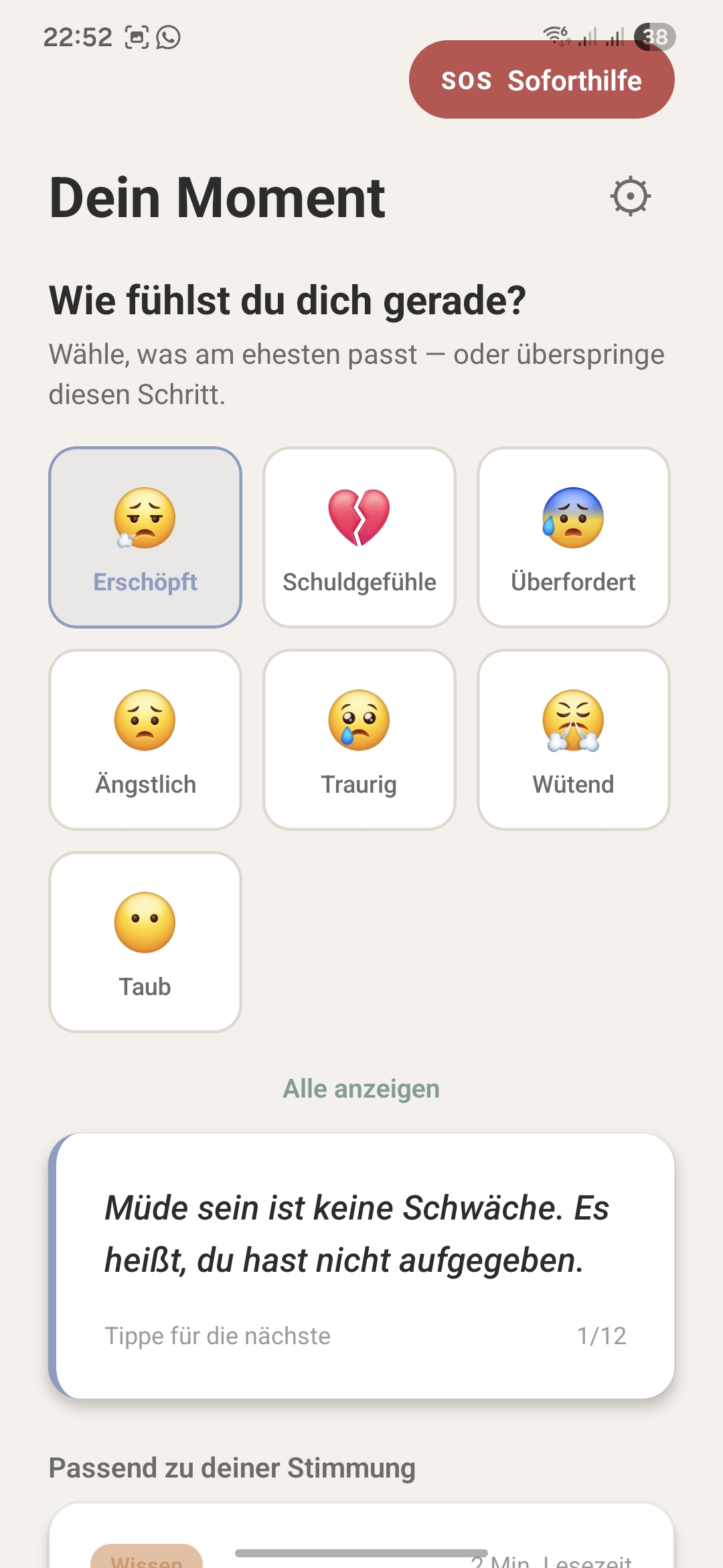 Pauseo Startseite: Stimmungs-Check mit Emotionen wie Erschöpft, Schuldgefühle, Überfordert