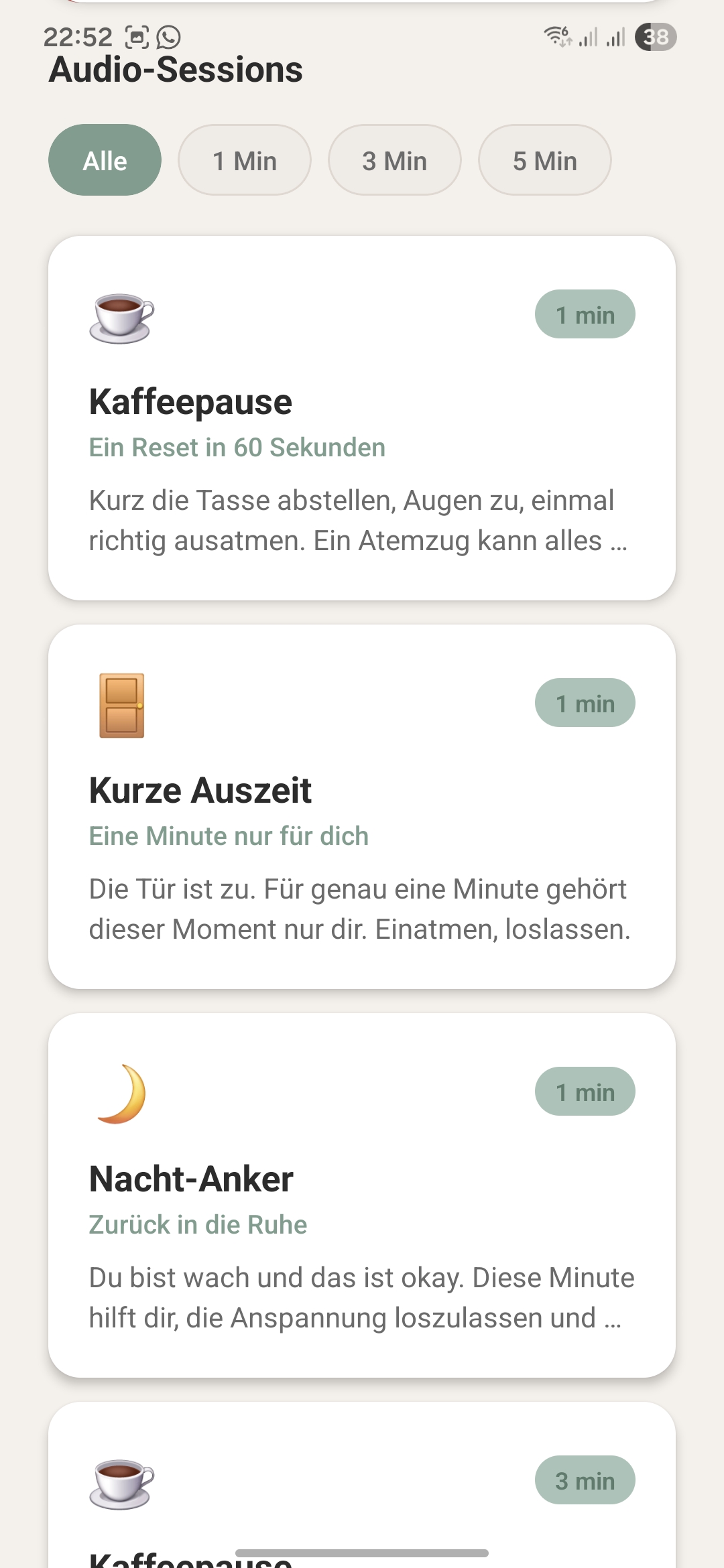 Audio-Sessions: Kaffeepause, Kurze Auszeit, Nacht-Anker — ab 1 Minute