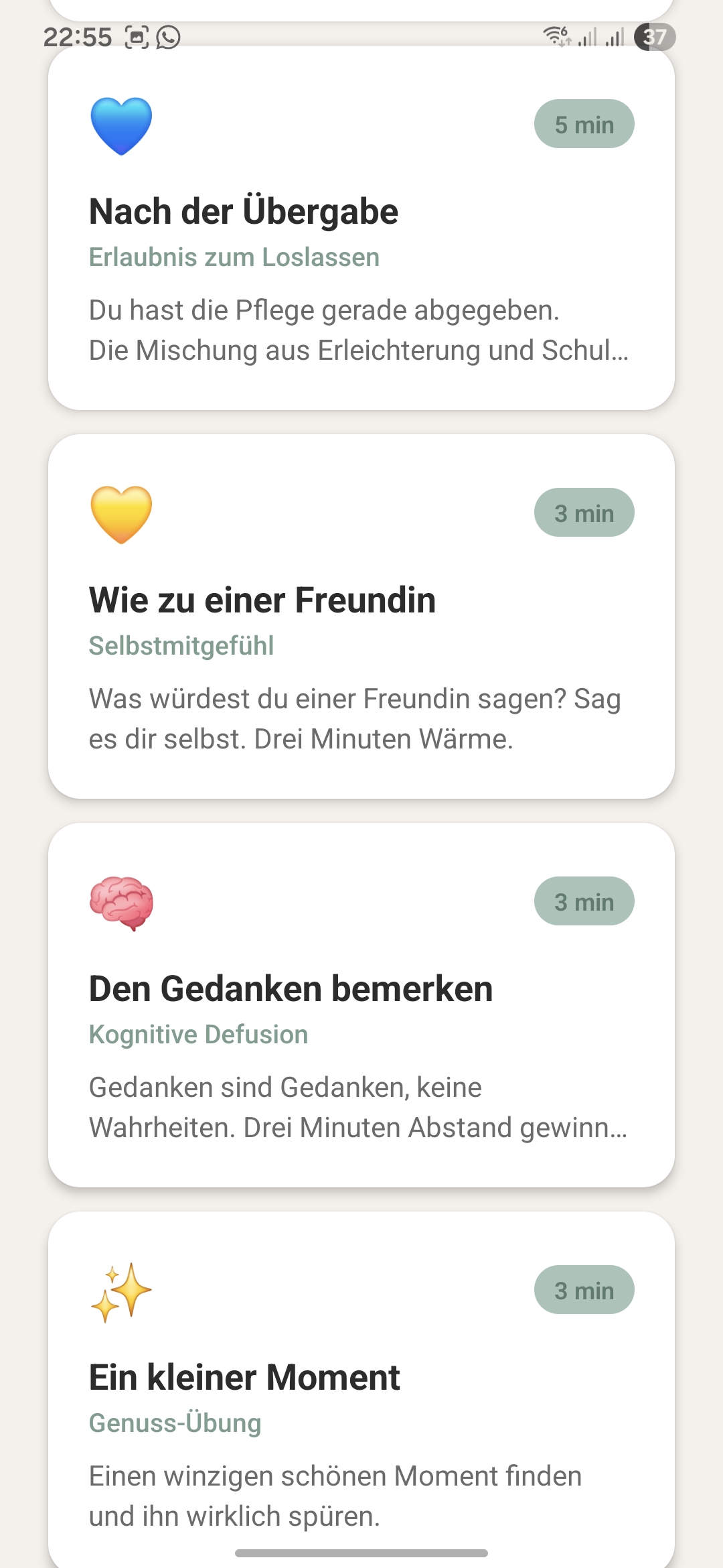 Weitere Sessions: Nach der Übergabe, Selbstmitgefühl, Kognitive Defusion, Genuss-Übung