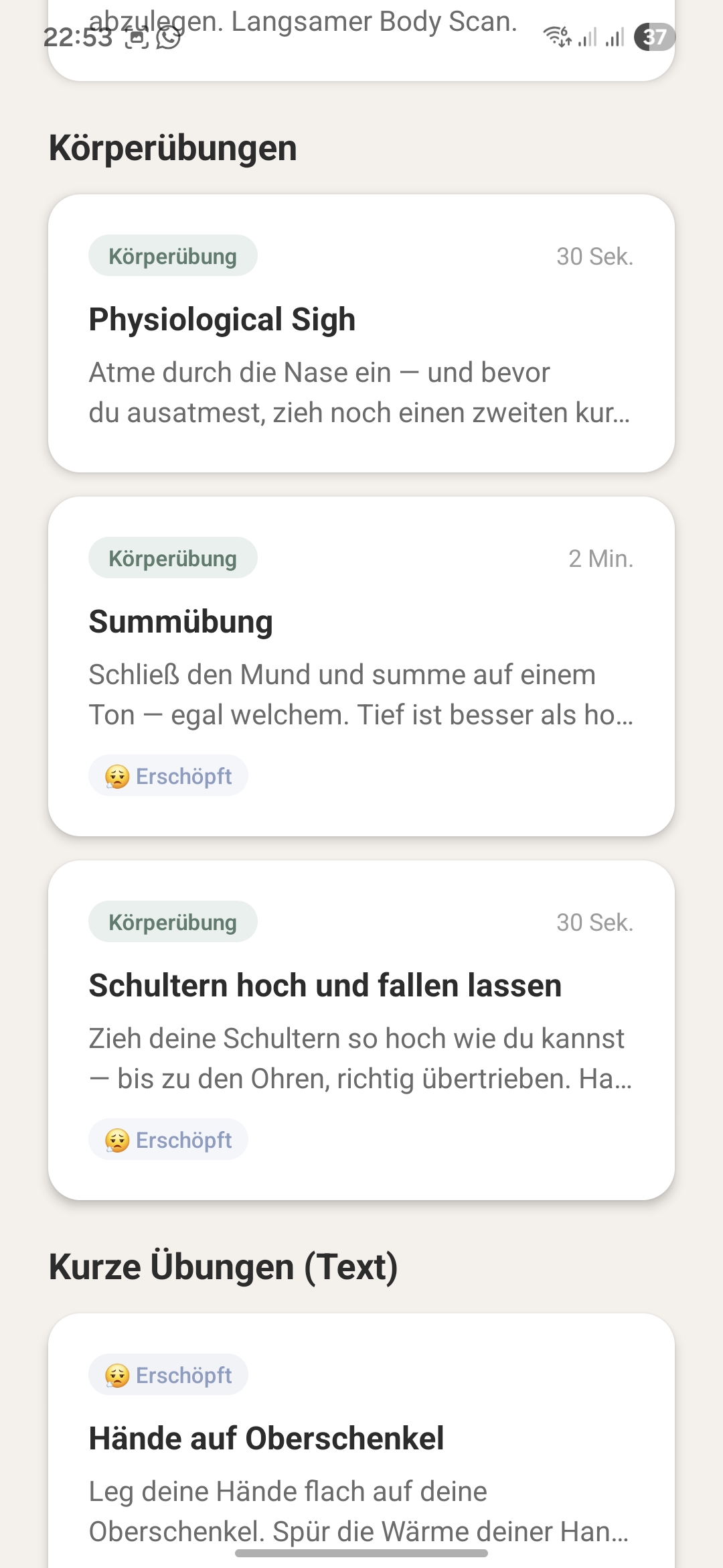 Körperübungen: Physiological Sigh, Summübung, Schultern hoch und fallen lassen