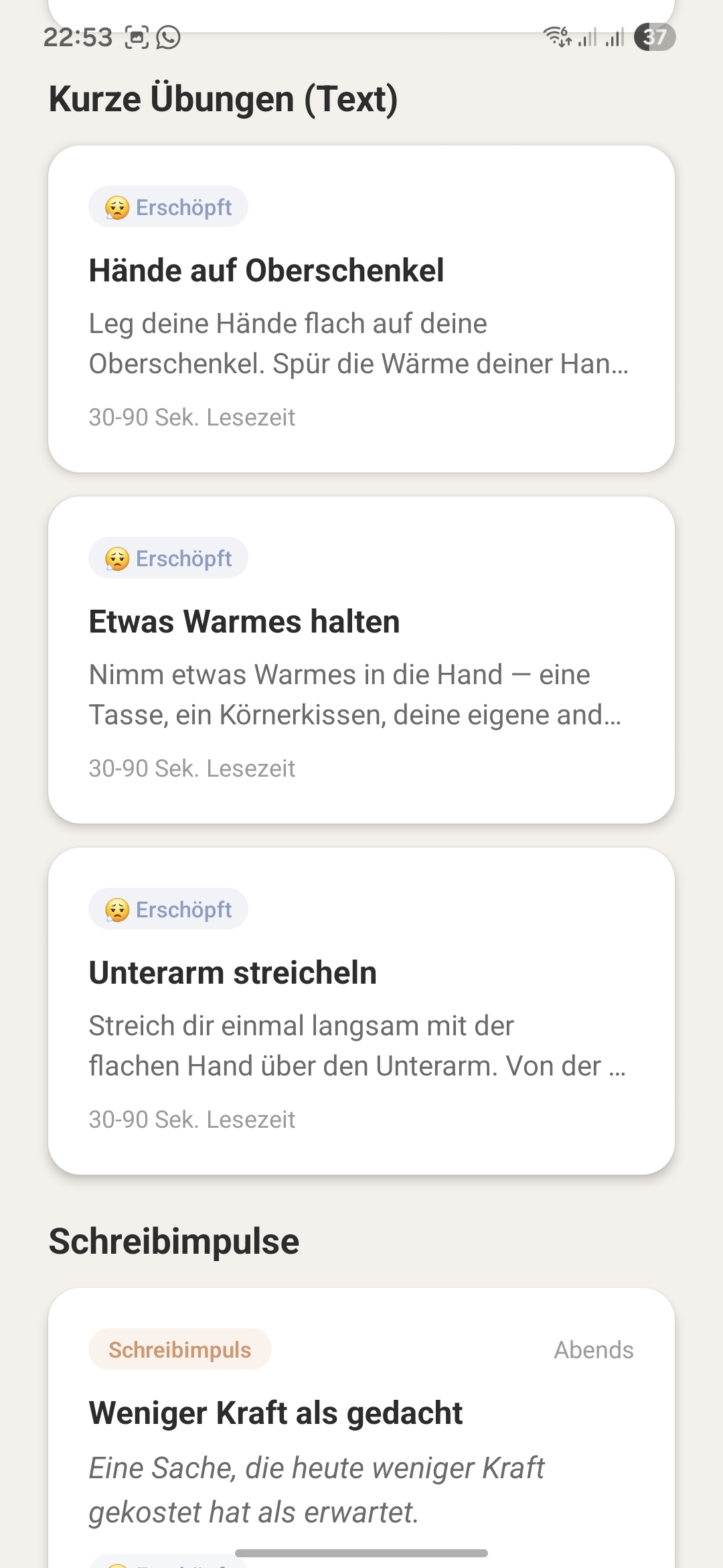 Kurze Übungen zum Lesen: Hände auf Oberschenkel, Etwas Warmes halten, Unterarm streicheln