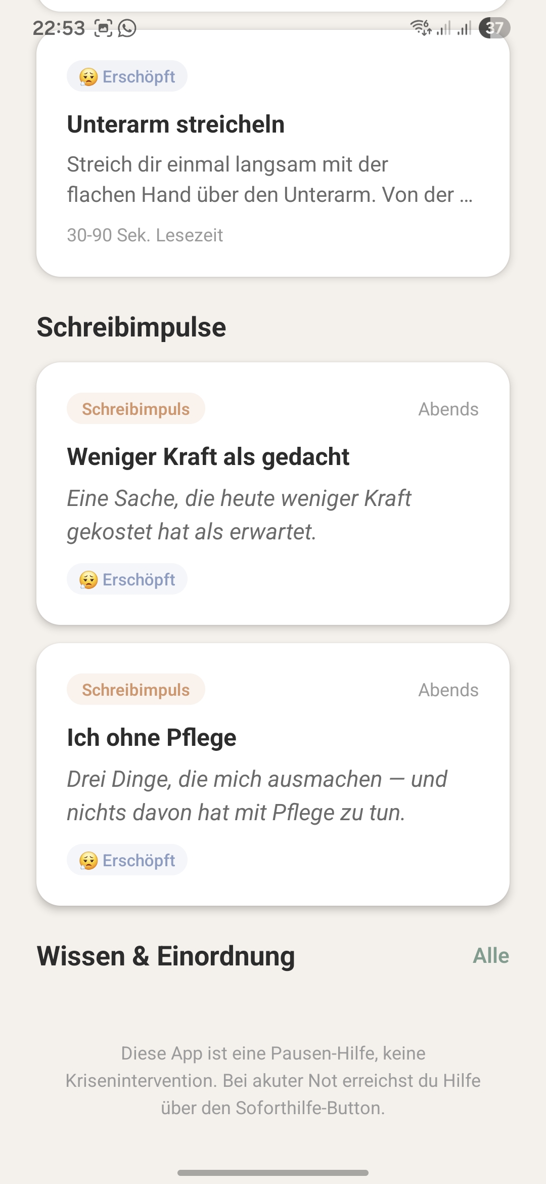 Schreibimpulse: Weniger Kraft als gedacht, Ich ohne Pflege — für den Abend