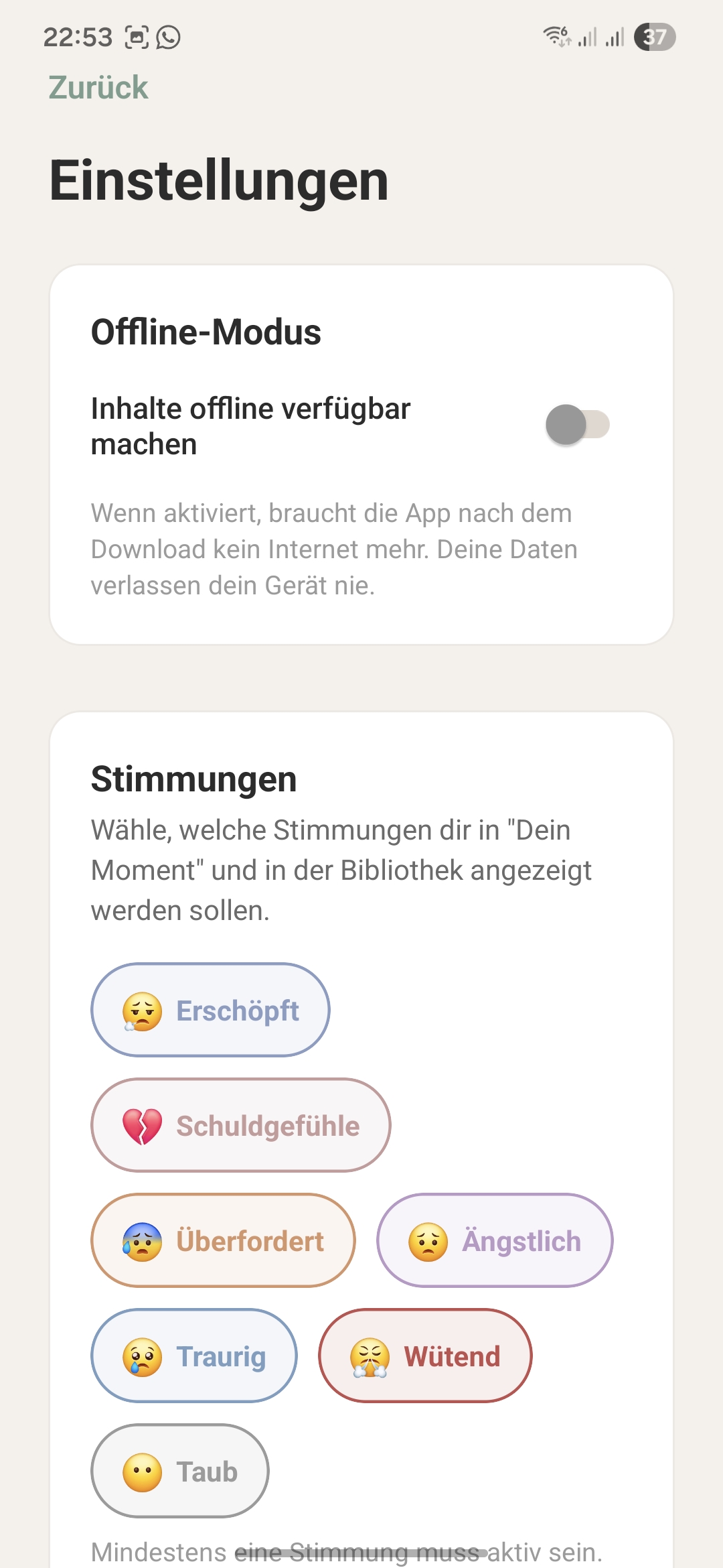 Einstellungen: Offline-Modus und Stimmungsfilter für personalisierte Inhalte