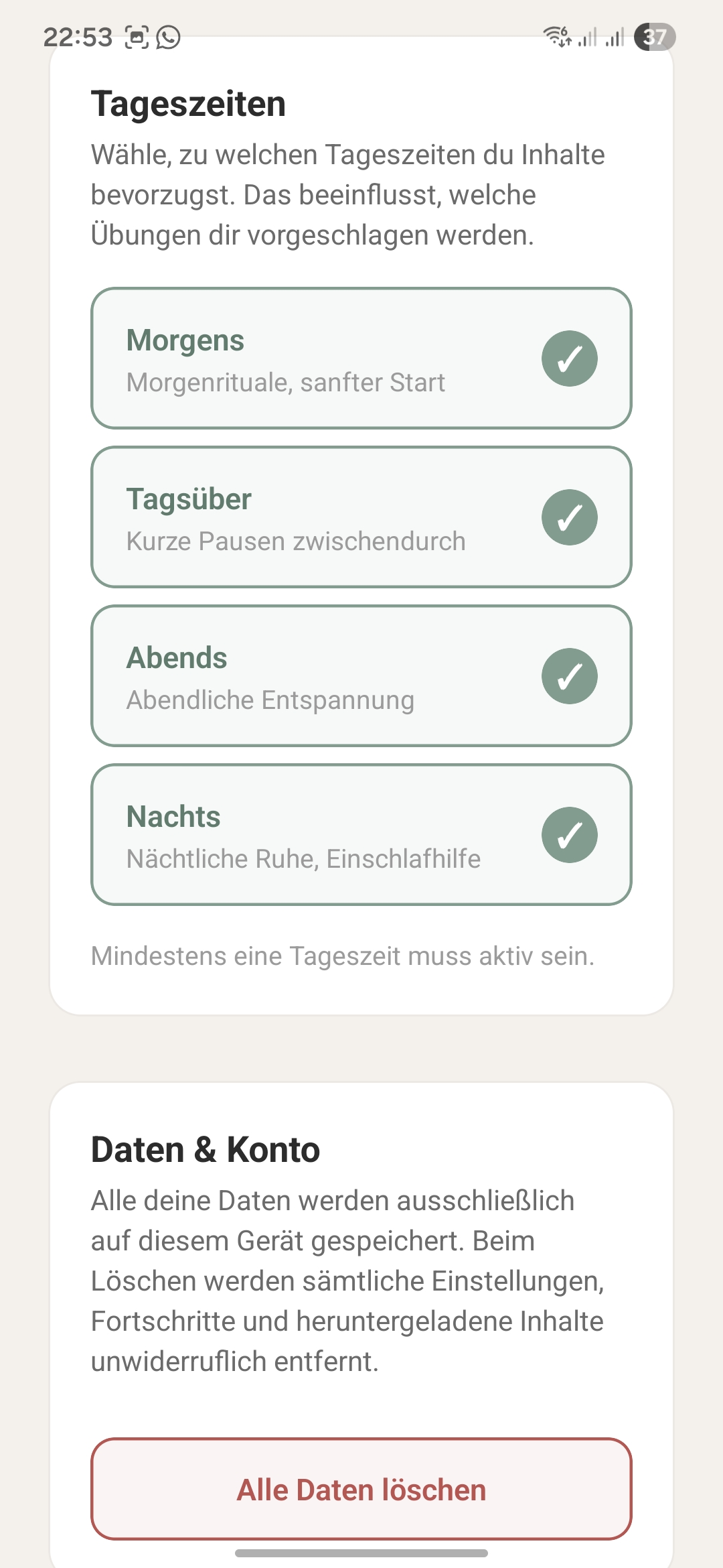 Tageszeiten-Einstellungen: Morgens, Tagsüber, Abends, Nachts — mit Datenschutz